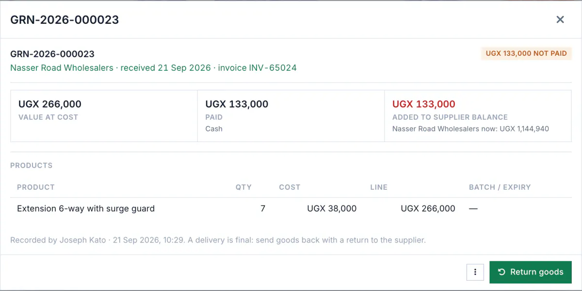A supplier delivery in Budget Pro with the items received, their cost and the amount paid.