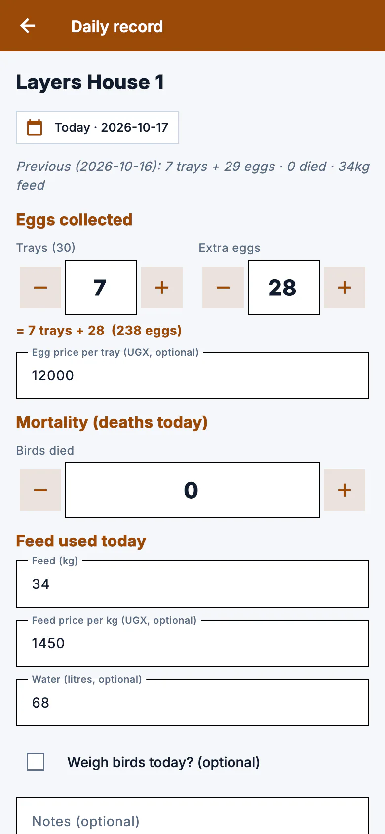 The Kuku Tally daily card for a layers batch: trays and extra eggs, feed, water, birds that died and notes.