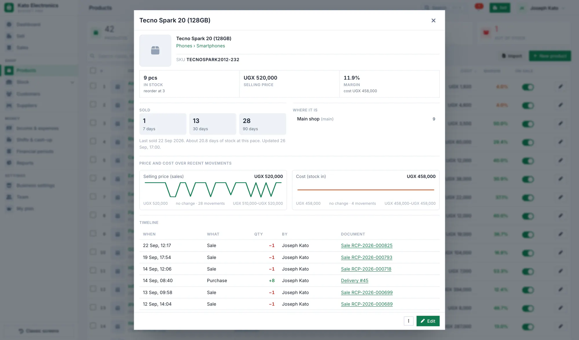 A product in Budget Pro: stock on hand, prices and its list of movements.