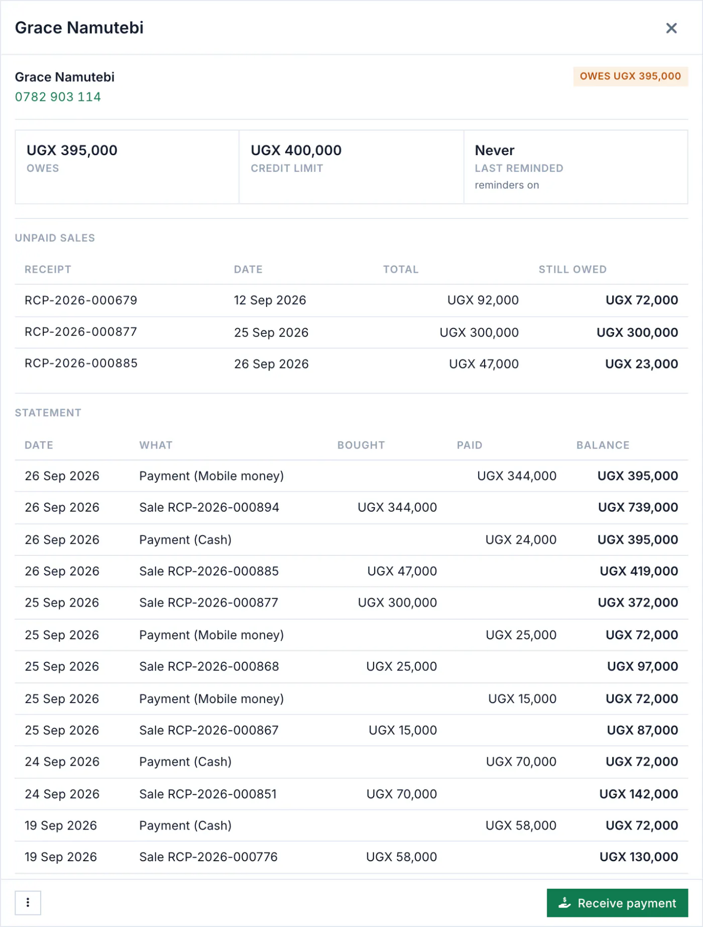 A customer's statement in Budget Pro with credit sales, payments and the running balance.
